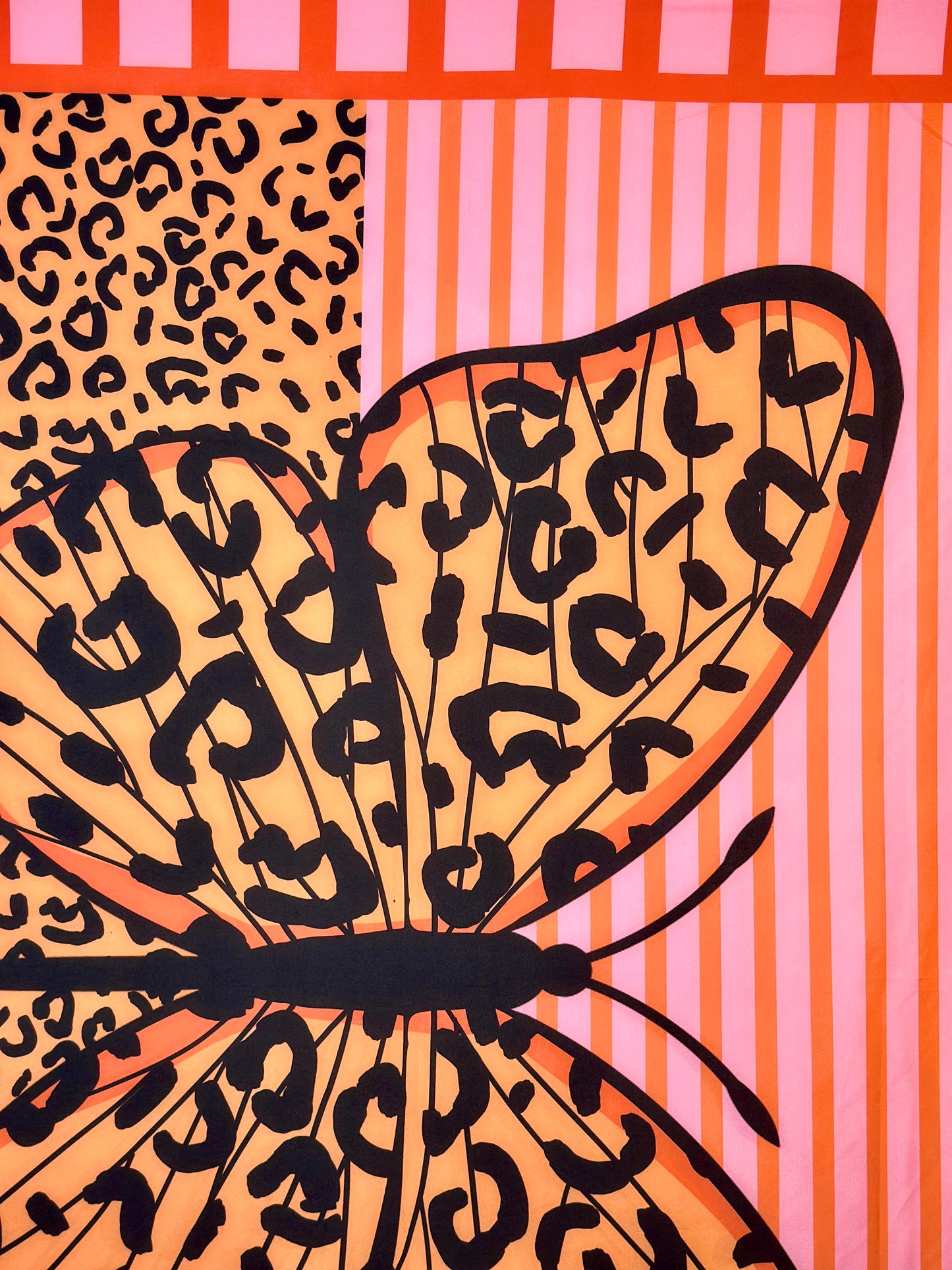 Butterfly with Leopard Print on Red and Pink Striped Viscose Sarong / Scarf