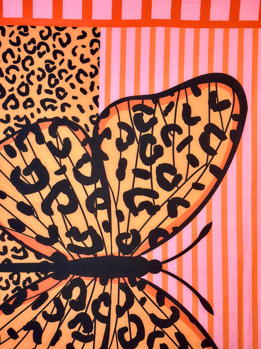 Butterfly with Leopard Print on Red and Pink Striped Viscose Sarong / Scarf