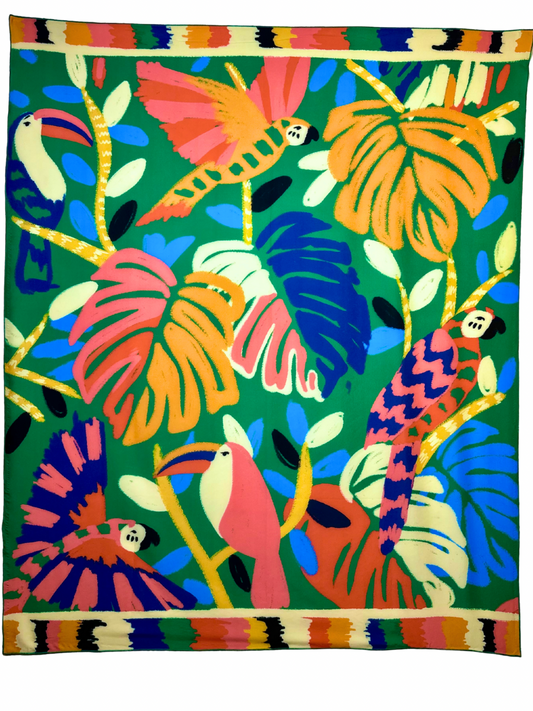 Colorful tapestry with tropical birds and leaves on a green background