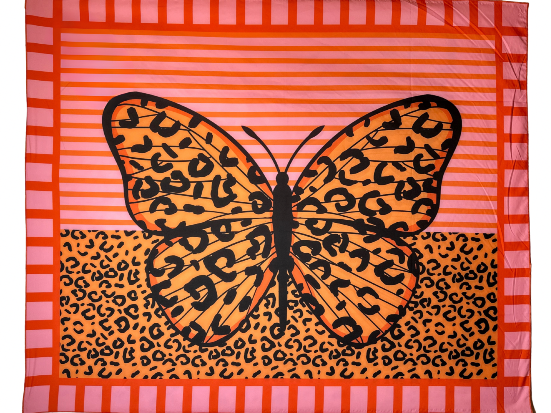 Butterfly with leopard print on a red and pink striped background
